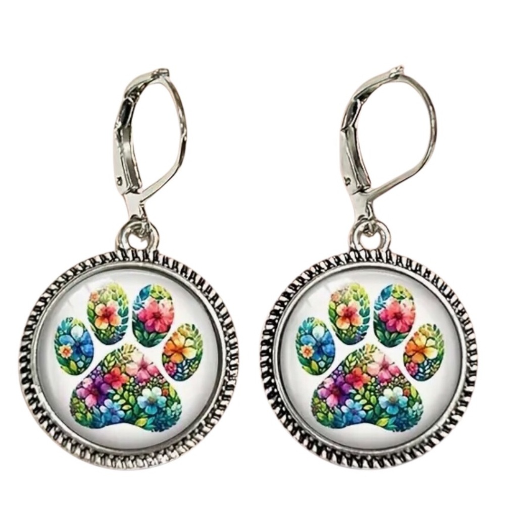 Flower Retro Paw Print Round Glass Dome Earrings